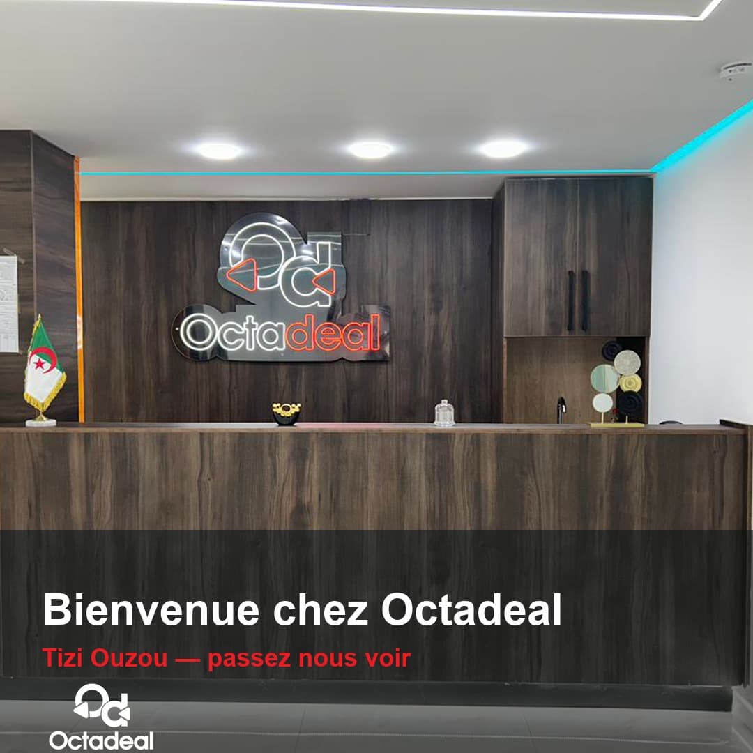 L'accueil de l'agence Octadeal à Tizi Ouzou, avec l'enseigne lumineuse.